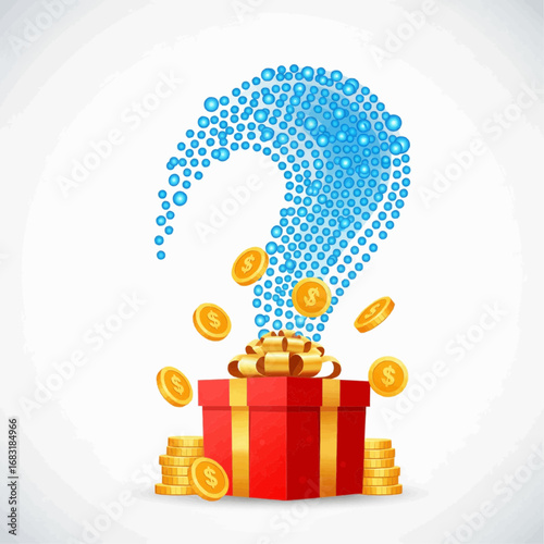 A red gift box overflowing with gold coins under a large blue bubble question mark, symbolizing financial questions or prizes.