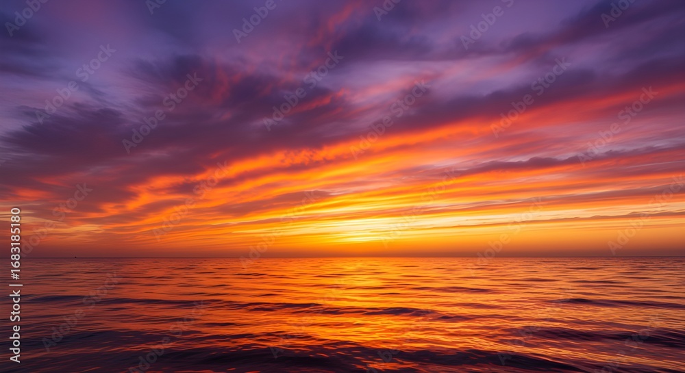Obraz premium Stunning vibrant sunset paints the ocean with fiery orange and purple hues, a breathtaking natural spectacle.