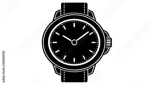 A black and white illustration of a wrist watch with a leather strap and a round clock face design created with generated ai