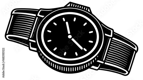 Illustration of a wristwatch with a dark face and a striped band showing the time of day on it created with generated ai