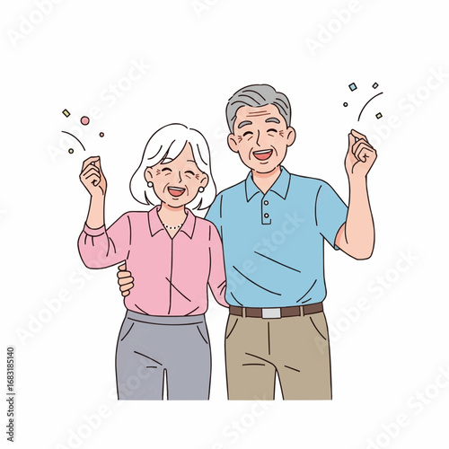 A cheerful elderly Asian couple, a man and a woman, smiling and celebrating happily together with sparkles.