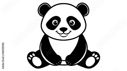 Illustration of a cute panda bear sitting upright with a happy expression in black and white color scheme created with generated ai