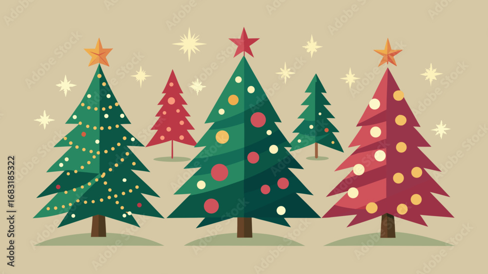 Obraz premium Vector art of a festive collection of christmas trees with stars and ornaments, perfect for holiday cards, decorations, and backgrounds, creating a joyful atmosphere