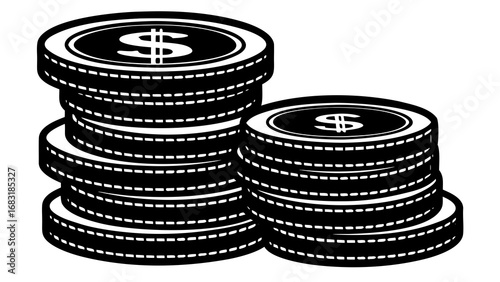Two stacks of coins with dollar signs in black and white illustration are displayed here clearly created with generated ai