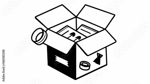 Open cardboard box with contents and packing tape in a black and white line drawing style illustration created with generated ai