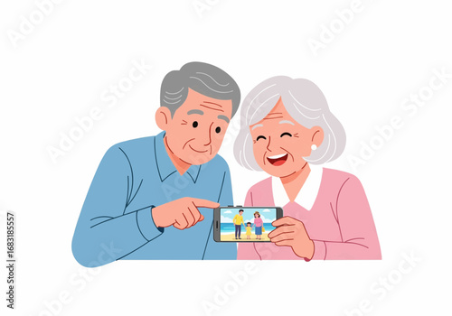Happy elderly Asian couple smiling while looking at a family photo on a smartphone together.