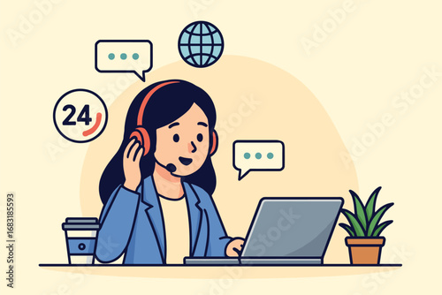 Customer Service Representative with Headset, Customer Support Agent illsutration flat art