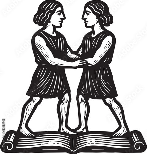 Linocut illustration of Gemini in embrace in bold black engraving style.