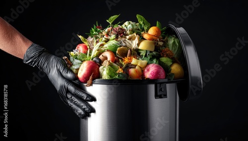 A hand in a black glove gently touches the lid of a full compost bin overflowing with various fruits and vegetables