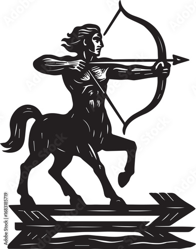 Linocut illustration of Sagittarius with bow in bold black engraving style.
