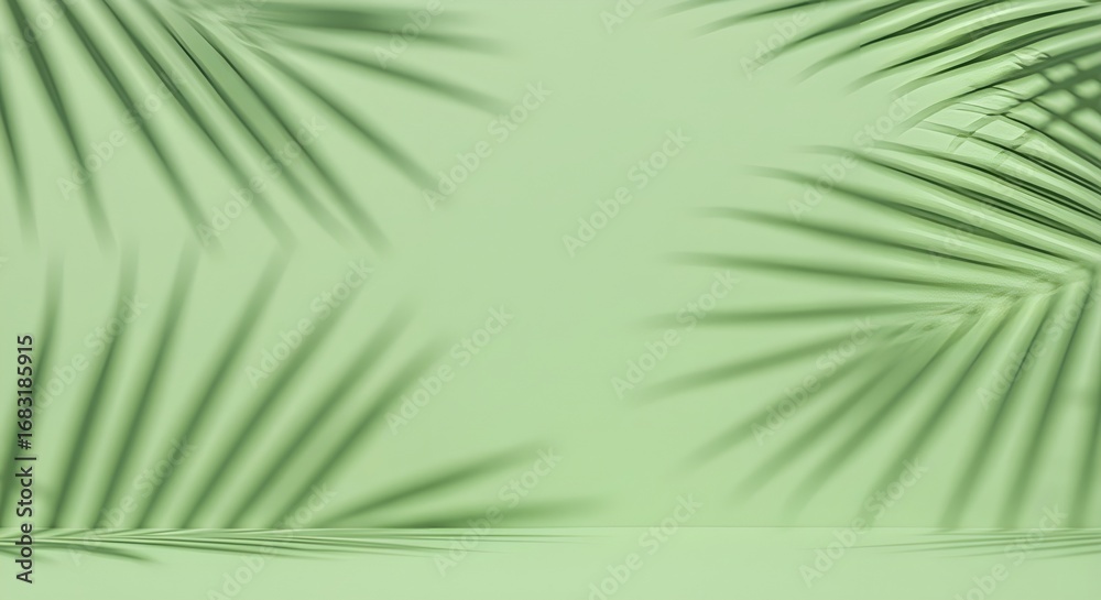 Obraz premium Serene green studio with natural palm leaf shadows creates a calming backdrop for product displays