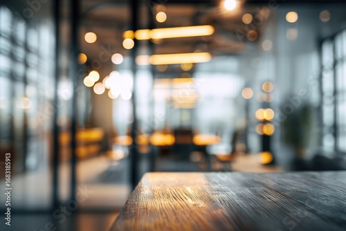 Wallpaper Mural Blurred modern office interior on a wooden table Torontodigital.ca
