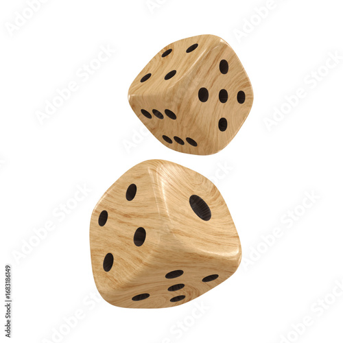 Two wooden dice with black dots, showing different numbers, isolated on white.