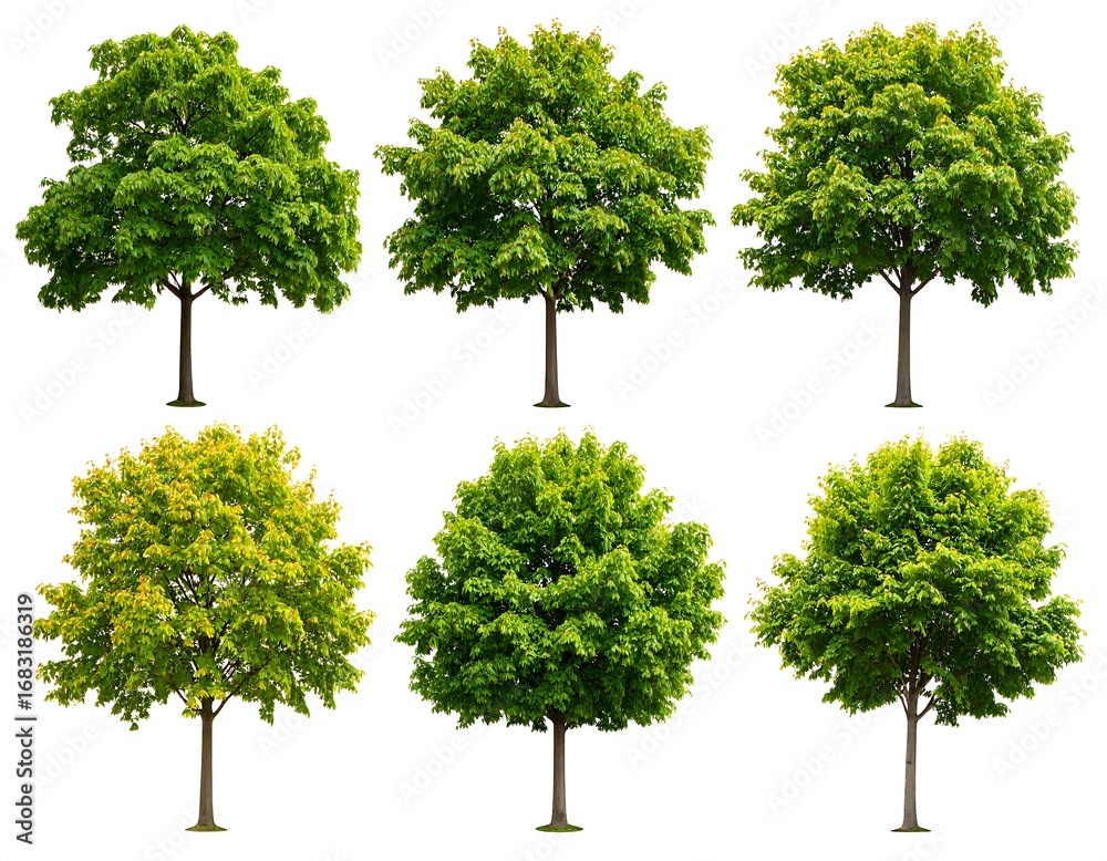 Fototapeta premium Six trees with various shades of green foliage against a white background