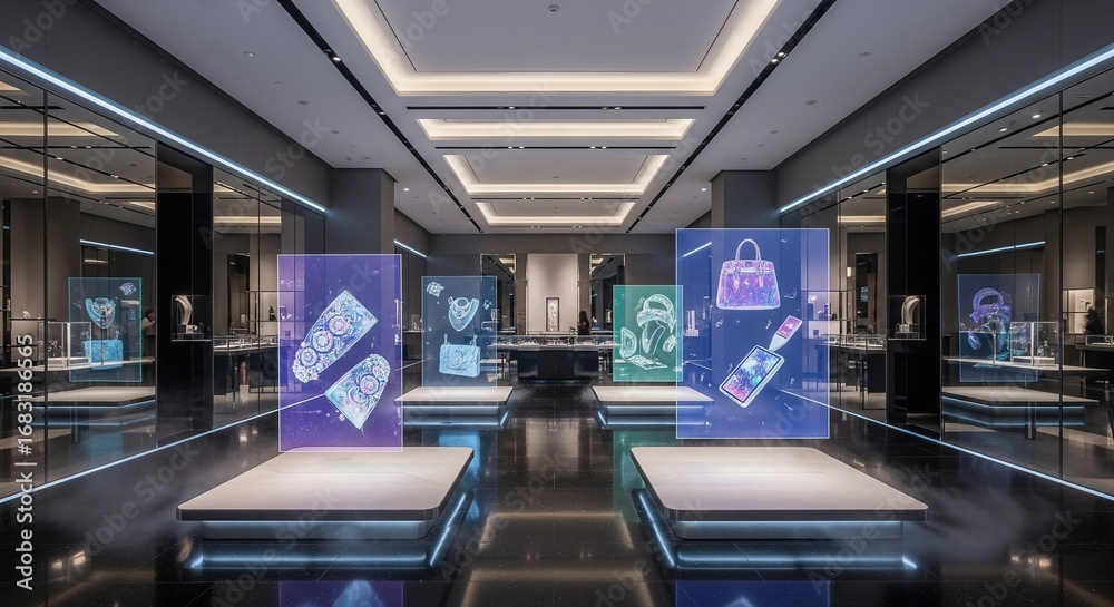 Naklejka premium A luxury retail store captivates shoppers with sleek, transparent holographic displays showcasing high-end accessories.