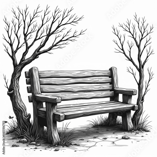 Bench in park: This scene captures a tranquil park setting, with a wooden bench nestled between two trees. This piece is great for evoking the emotion of peacefulness. 