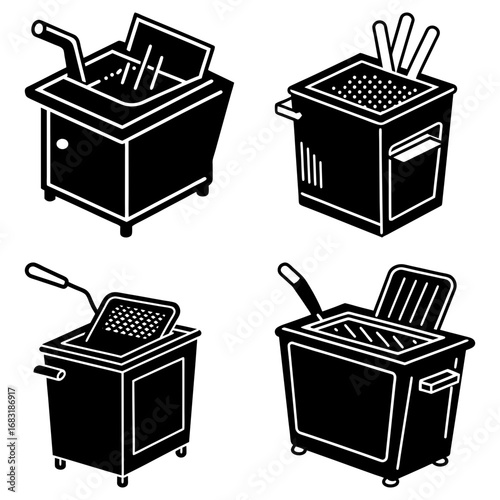 Illustration of four different deep fryers with baskets and handles in a black and white drawing style