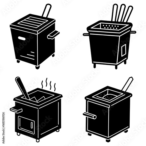 Illustration of four different deep fryers with varying designs and features in a monochrome black and white style