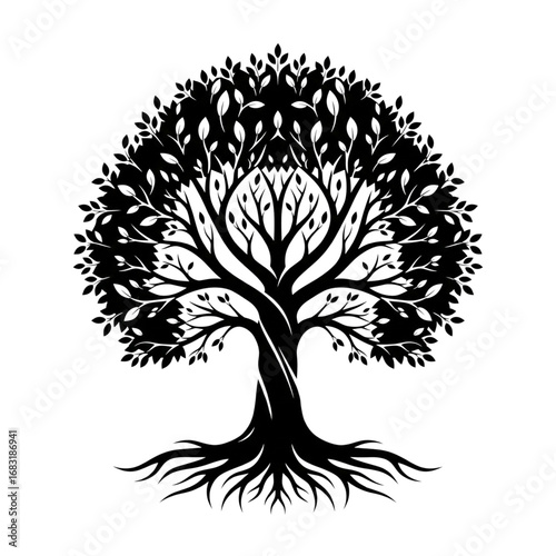 A stylized black silhouette Tree of Life vector art with strong roots, twisted trunk, and lush leaves. Symbolic nature design for growth.