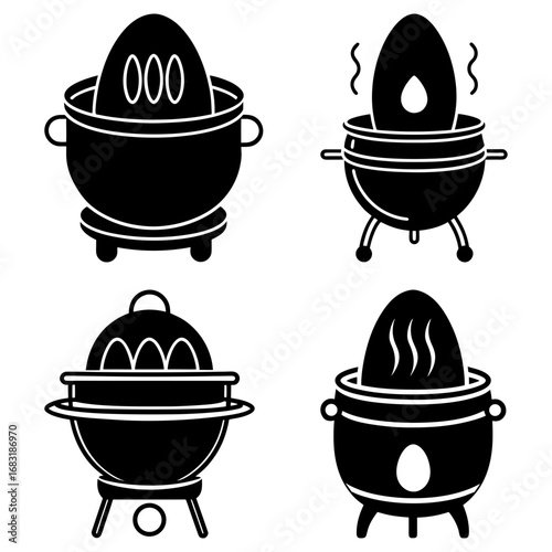 Collection of cooking pots with eggs inside each pot showing different egg designs in black and white art