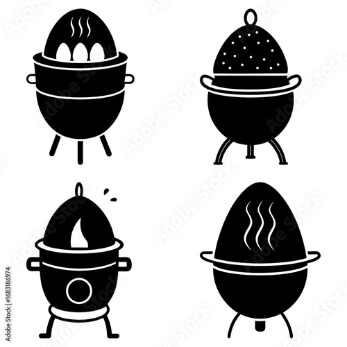 Four illustrations of egg steamers and cooking pots with eggs and steam in a black and white design