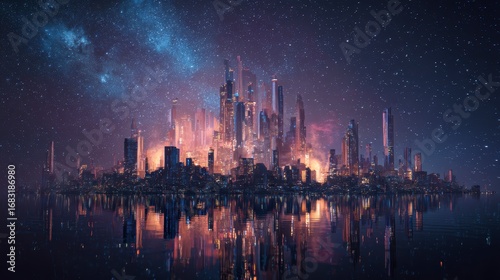 A futuristic floating city under a sky full of neon-colored stars, cyberpunk sci-fi