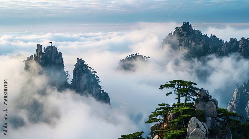 Fototapeta premium Huangshan (Yellow Mountain), Anhui: China’s Iconic Scenic Spot with Misty Peaks, Pine Trees & Sea of Clouds. Perfect for Hiking, Photography & Cultural Exploration.