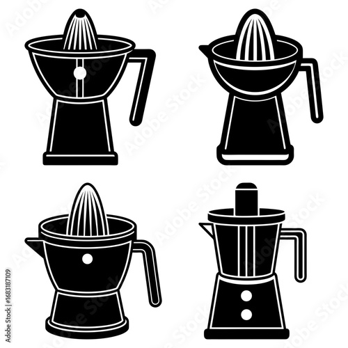 Illustration of four black and white juicers with different designs and handle placements on white background