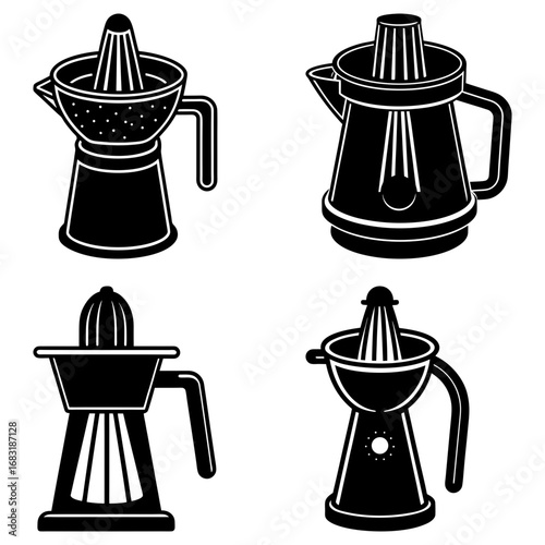 Four different styles of juicers displayed in a black and white vector graphic illustration set up