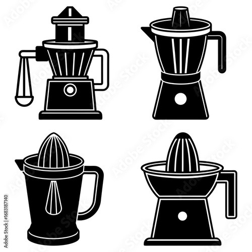 Illustration of four different kitchen appliances including juicers and a coffee maker in black