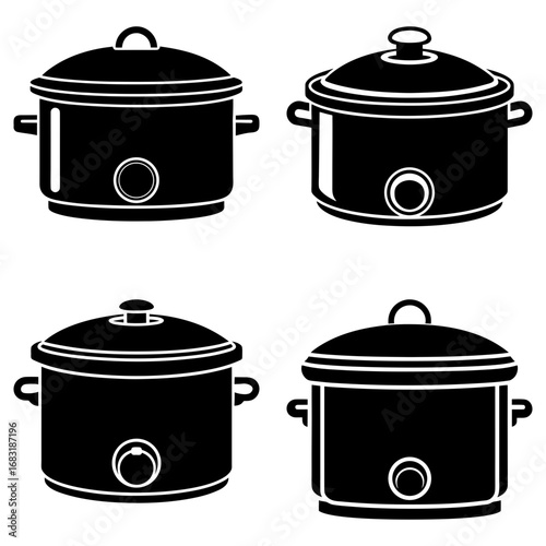 Four black and white illustrations of crock pots with lids and handles on a white background image view