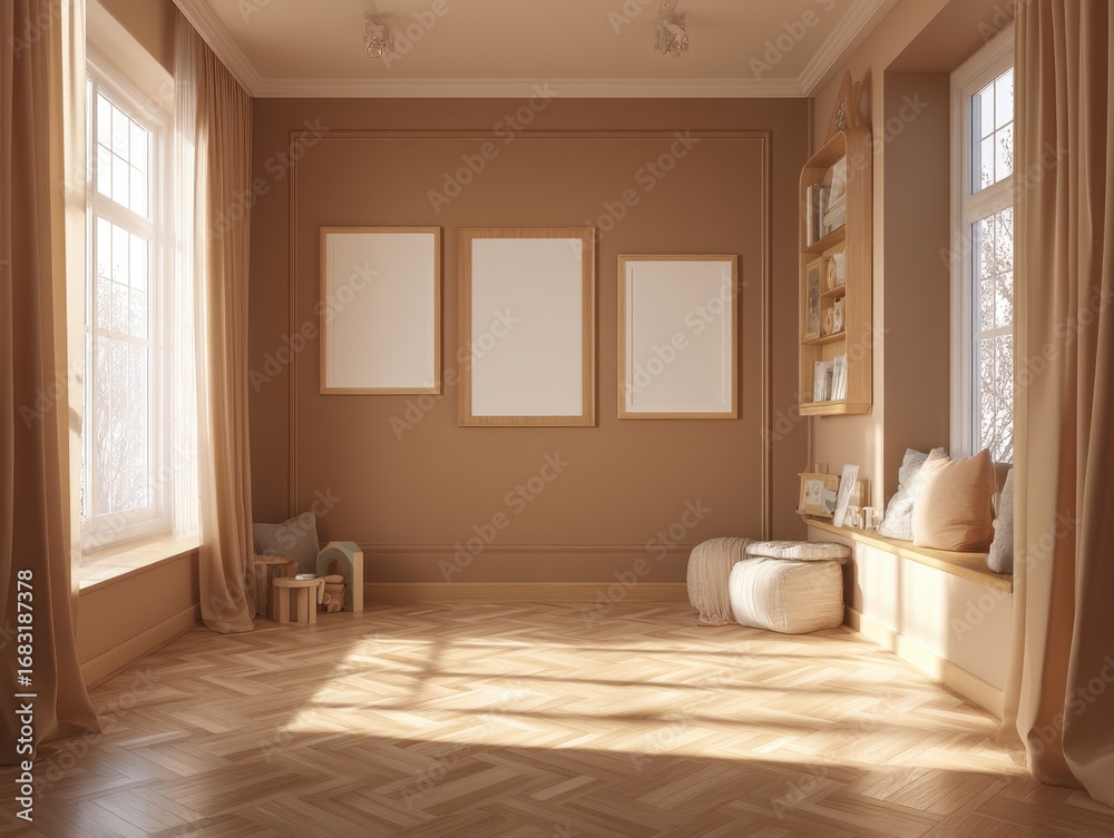 Fototapeta premium A room with a tan wall and wooden floors