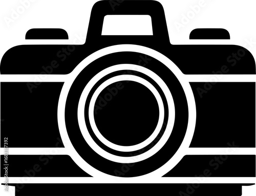Black and white camera with a white background. The camera is the main focus of the image