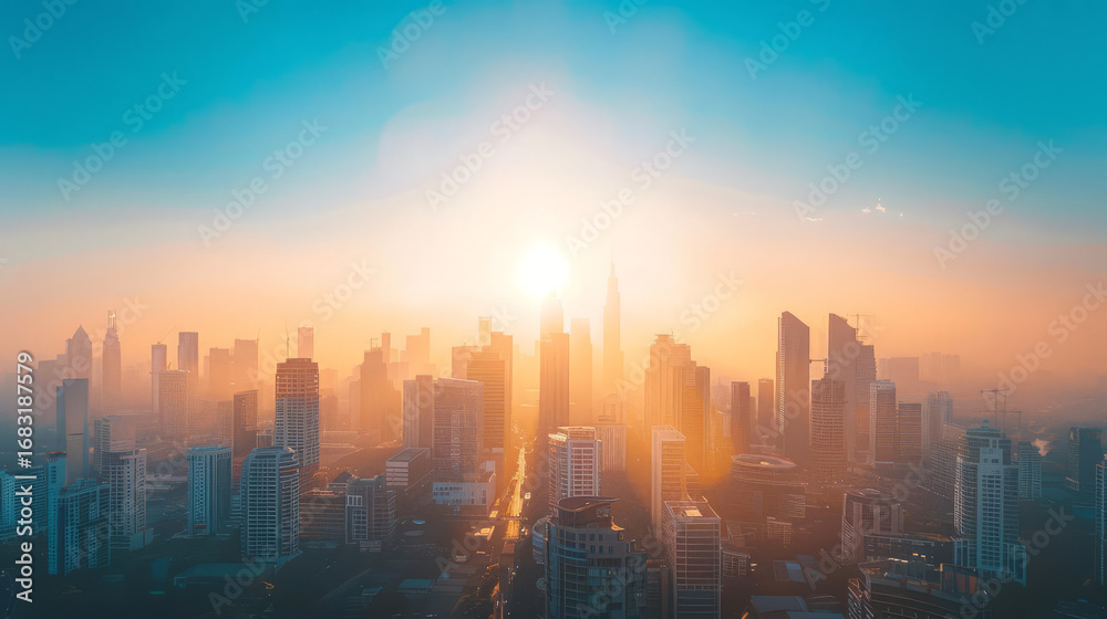 Fototapeta premium Aerial view of a modern city skyline bathed in the warm golden light of a beautiful sunrise, with hazy fog among the skyscrapers.