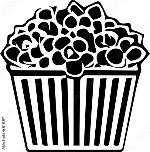 Black and white image of a popcorn cup. The popcorn is piled high in the cup, and the stripes on the cup are white