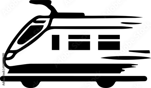 Black and white train with a white stripe on the side. The train is moving quickly. The train is a symbol of speed and efficiency