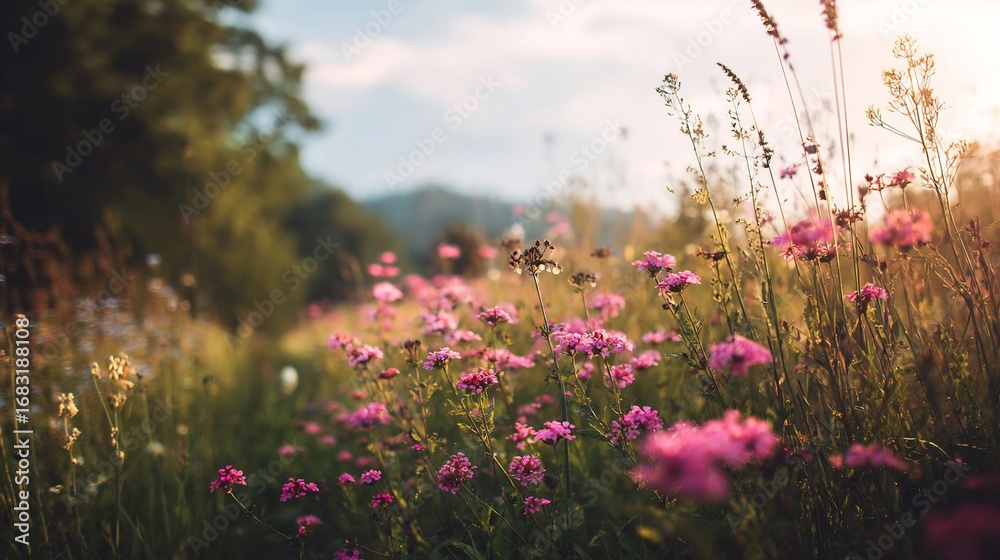 Obraz premium Wildflower meadow golden hour with soft dreamy sunlight and natural warm tones peaceful floral landscape for seasonal stock art