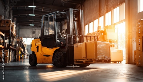 Forklift in a warehouse bathed in sunlight