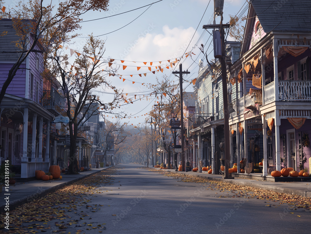Naklejka premium Streets of an old American town are decorated for Halloween