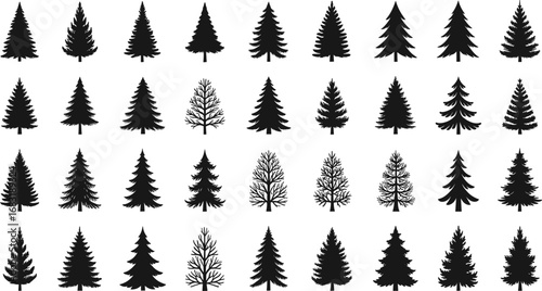 Large Collection of Pine and Fir Tree Silhouettes Vector Icons for Nature, Forest, Winter, Christmas, Holiday, and Landscape Design Projects