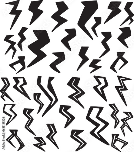 Lightning bolt Flash symbol, thunderbolt, blitz lightnings strike sign. Electric energy black power concept. Vector isolated dynamic logo set