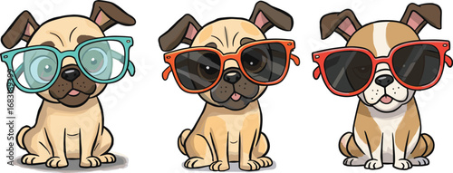 Cute cartoon dogs wearing oversized colorful sunglasses, playful animal mascot illustration for kids, summer fashion, pet accessories, fun outdoor design