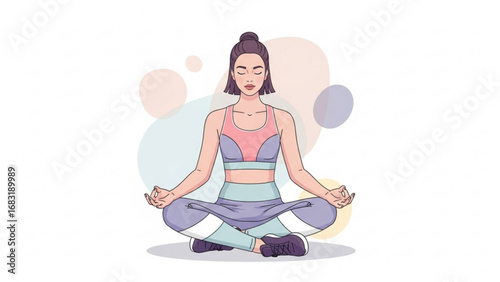 Meditating woman sits in lotus position with eyes closed against colorful abstract shapes, finding inner peace and mindfulness through yoga and meditation.