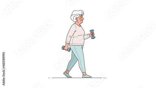 Senior woman walking with dumbbells in a light room, exercising for health and fitness, promoting an active lifestyle and wellbeing.