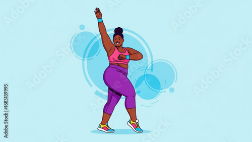 Smiling plus size woman dancing energetically in fitness class with vibrant colors and dynamic poses, showcasing body positivity and joyful movement.