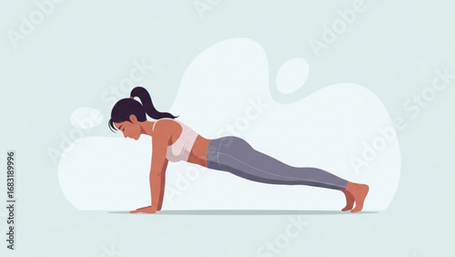 Athletic woman performing plank exercise on light blue mat in welllit studio, demonstrating core strength and healthy lifestyle, promoting fitness and wellness.