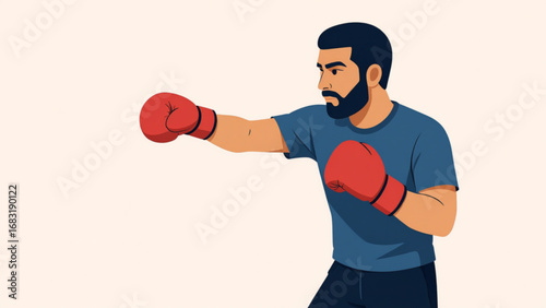 Bearded man throwing a punch in boxing ring during training session, showcasing strength and determination.