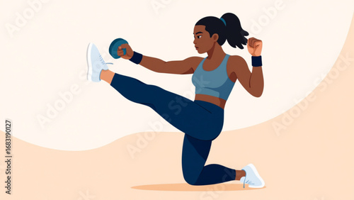 Athletic woman performing a kickboxing exercise with dumbbell in modern studio, showcasing strength and determination with a focused expression.