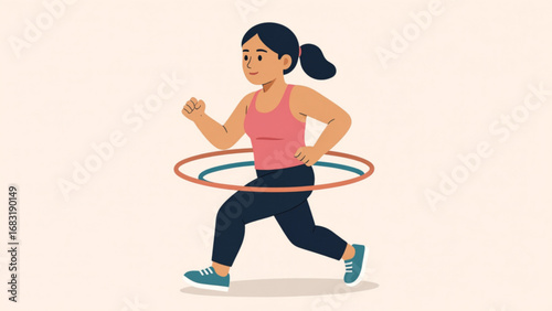 Woman exercising with hula hoop in studio, focusing on fitness and healthy lifestyle, promoting wellbeing and active living.