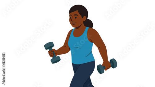 Woman walking with dumbbells in bright studio, focusing on fitness and strength training for a healthy lifestyle, conveying motivation and determination.